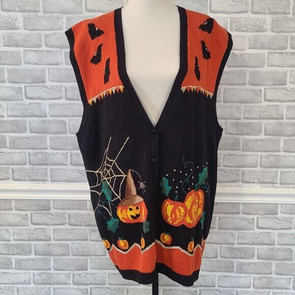 Vintage 90s Lauren Hansen Embroidered Halloween Vest Pumpkins Bats Ghost 3X - Picture 1 of 11